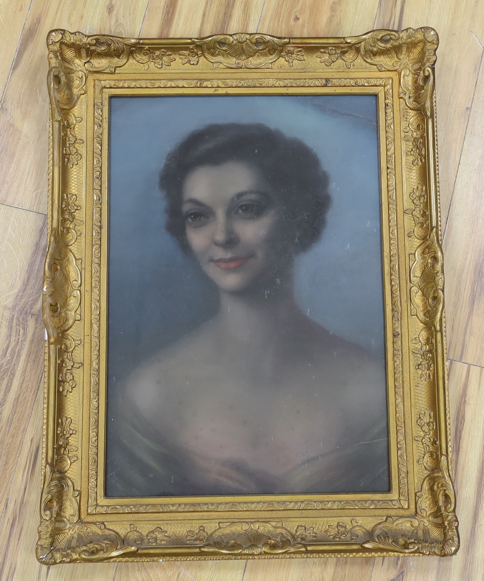 Eva Sawyer (b.1912), pastel on paper, Portrait of a lady, 'Maddelene', The Pastel Society and The Royal Institute Galleries labels verso, 54 x 37cm